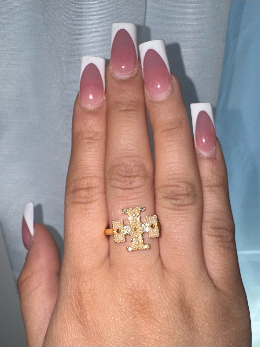 Tory Burch Gold Logo Crystal 
 & Pearl Ring